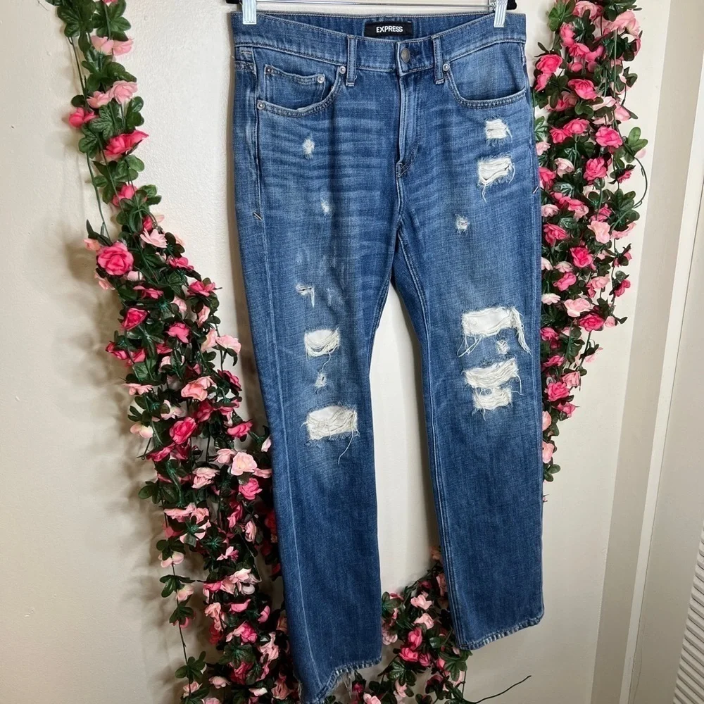 Express Mens Distressed Slim Straight Jeans Soft Cotton 32x32 Casual Grunge